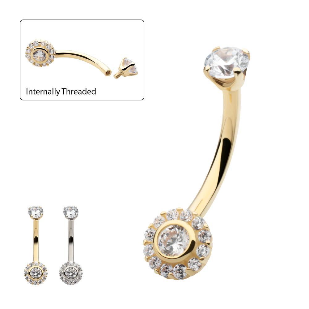 14Kt Gold Internally Threaded CZ Flower Navel Ring