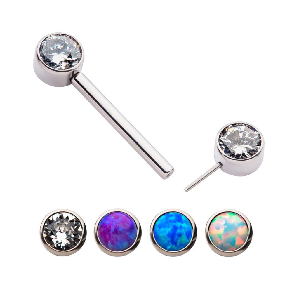 Titanium Nipple Barbell with Bezel Set CZ/Opal Ends - Sold As Pair