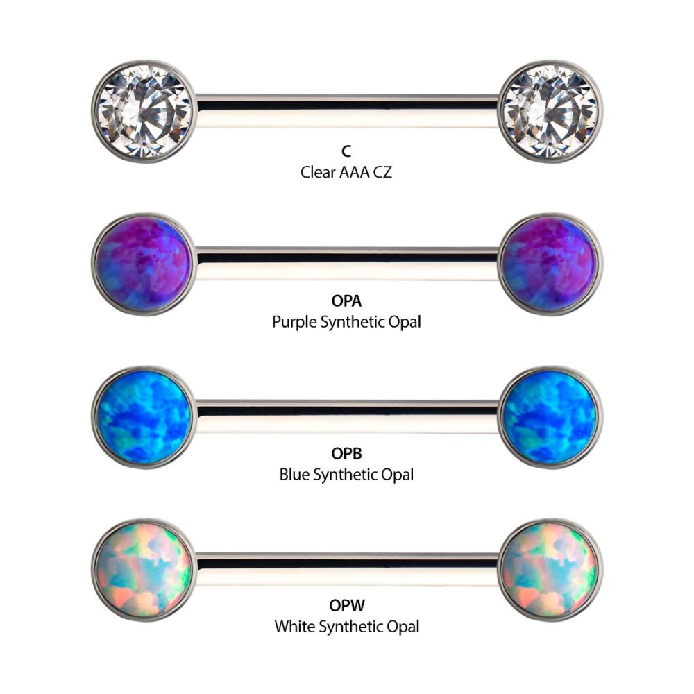 Titanium Nipple Barbell with Bezel Set CZ/Opal Ends - Sold As Pair